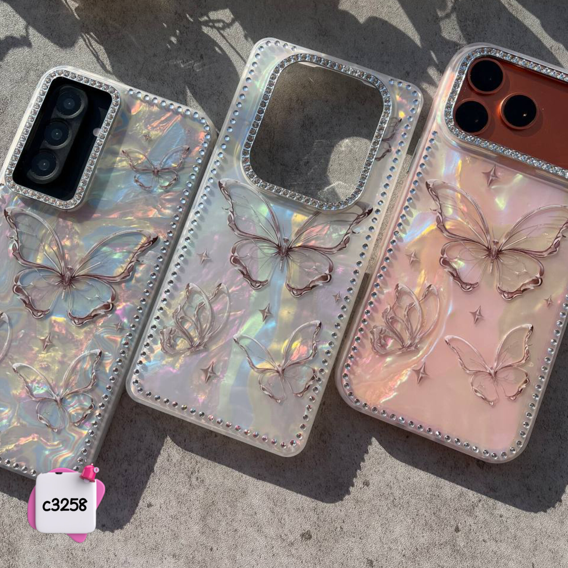 قاب گوشی پروانه یخی نگین دار c3258 / ایفون سامسونگ شیائومی