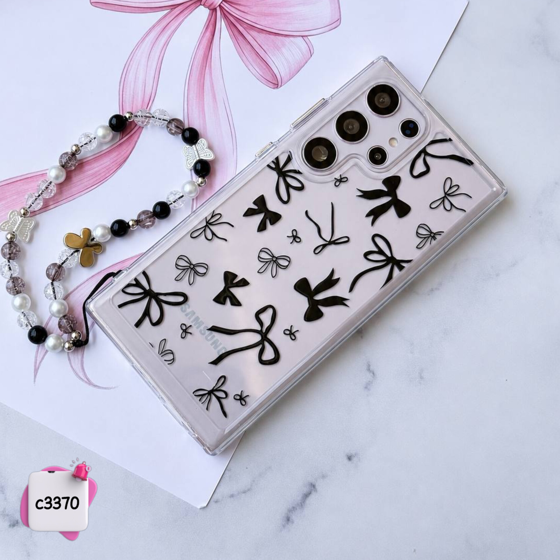 قاب گوشی پاپیون مشکی+ آویز (زمینه شفاف) کد c3370 / ایفون سامسونگ شیائومی