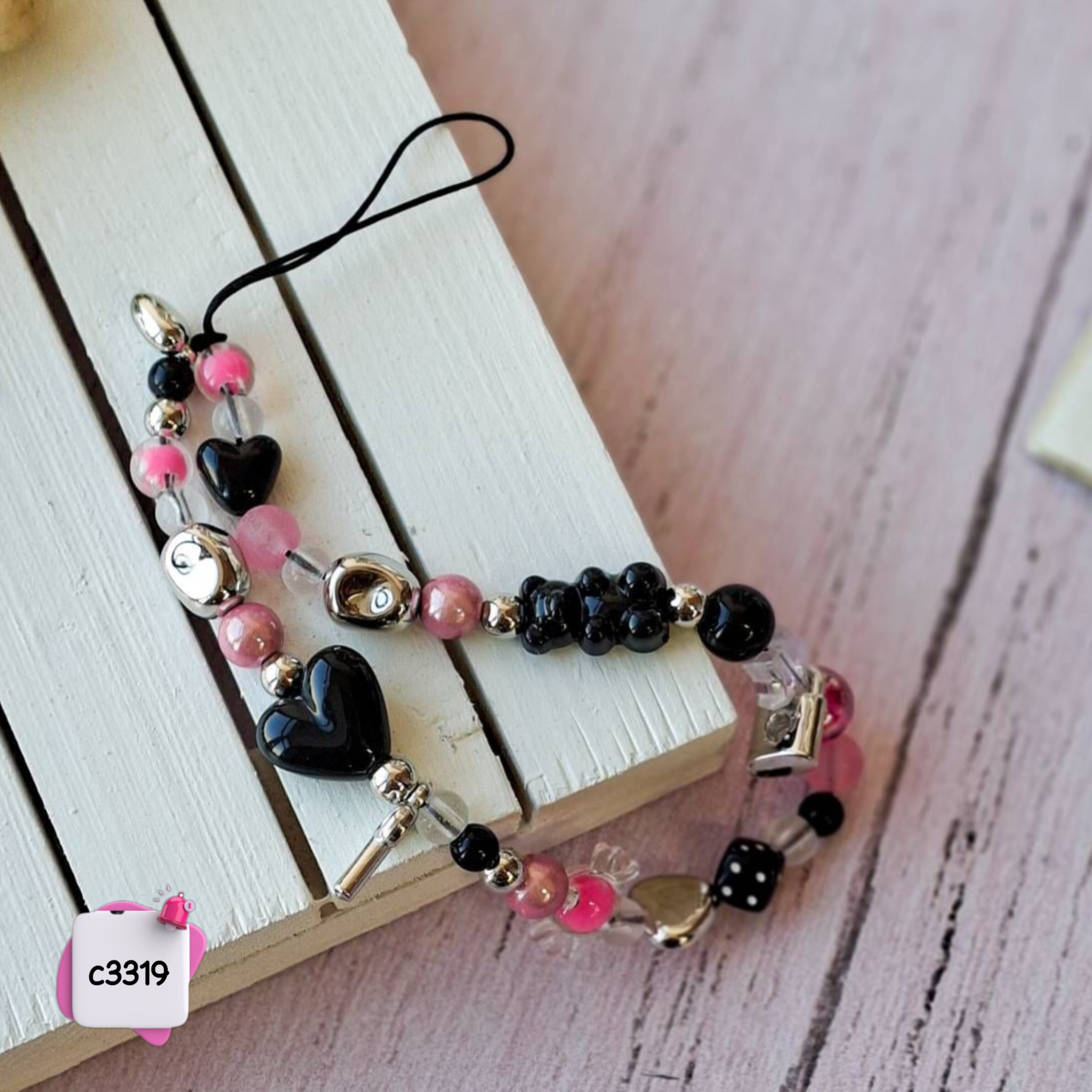 بند آویز گوشی قلب و مروارید صورتی کد c3319