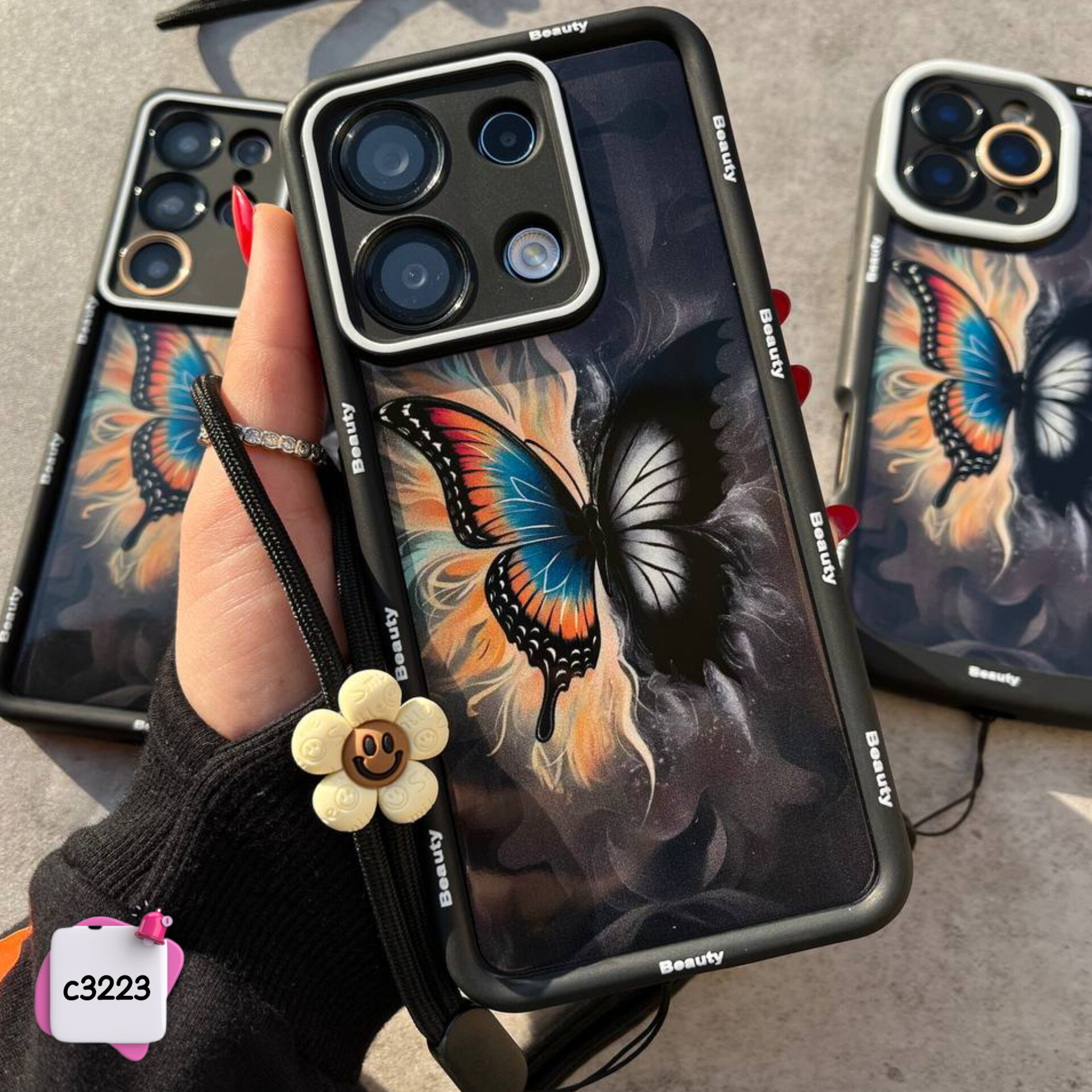 قاب گوشی سولید پروانه + بند c3223 / ایفون سامسونگ شیائومی