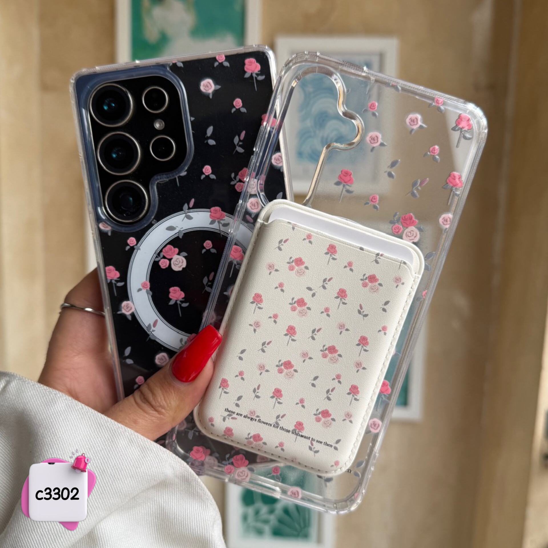 قاب گوشی گل رز شفاف + ولت مگ سیف کد c3302 / ایفون سامسونگ
