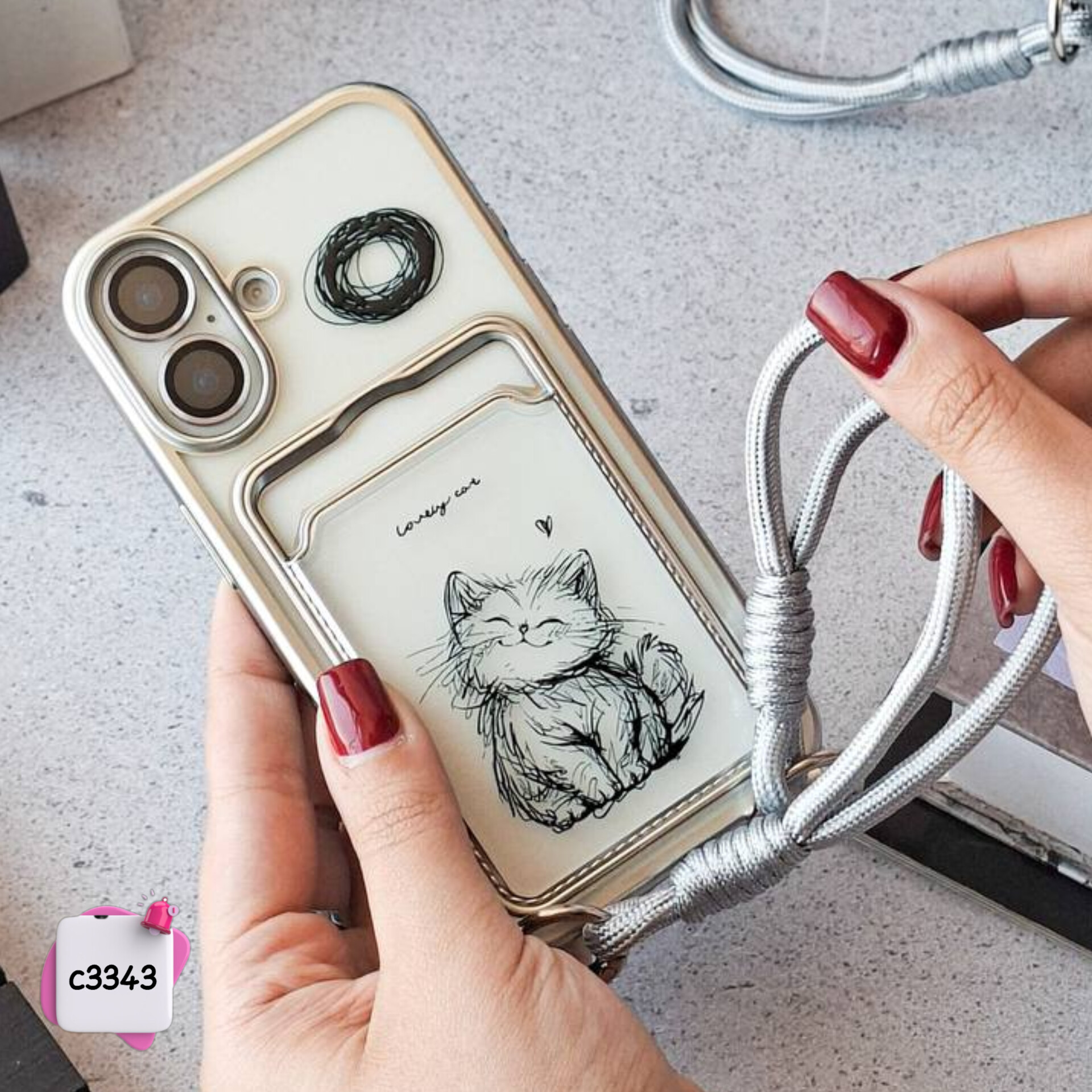 قاب گوشی گربه ملوس جاکارتی دار + بند کد c3343 / آیفون سامسونگ