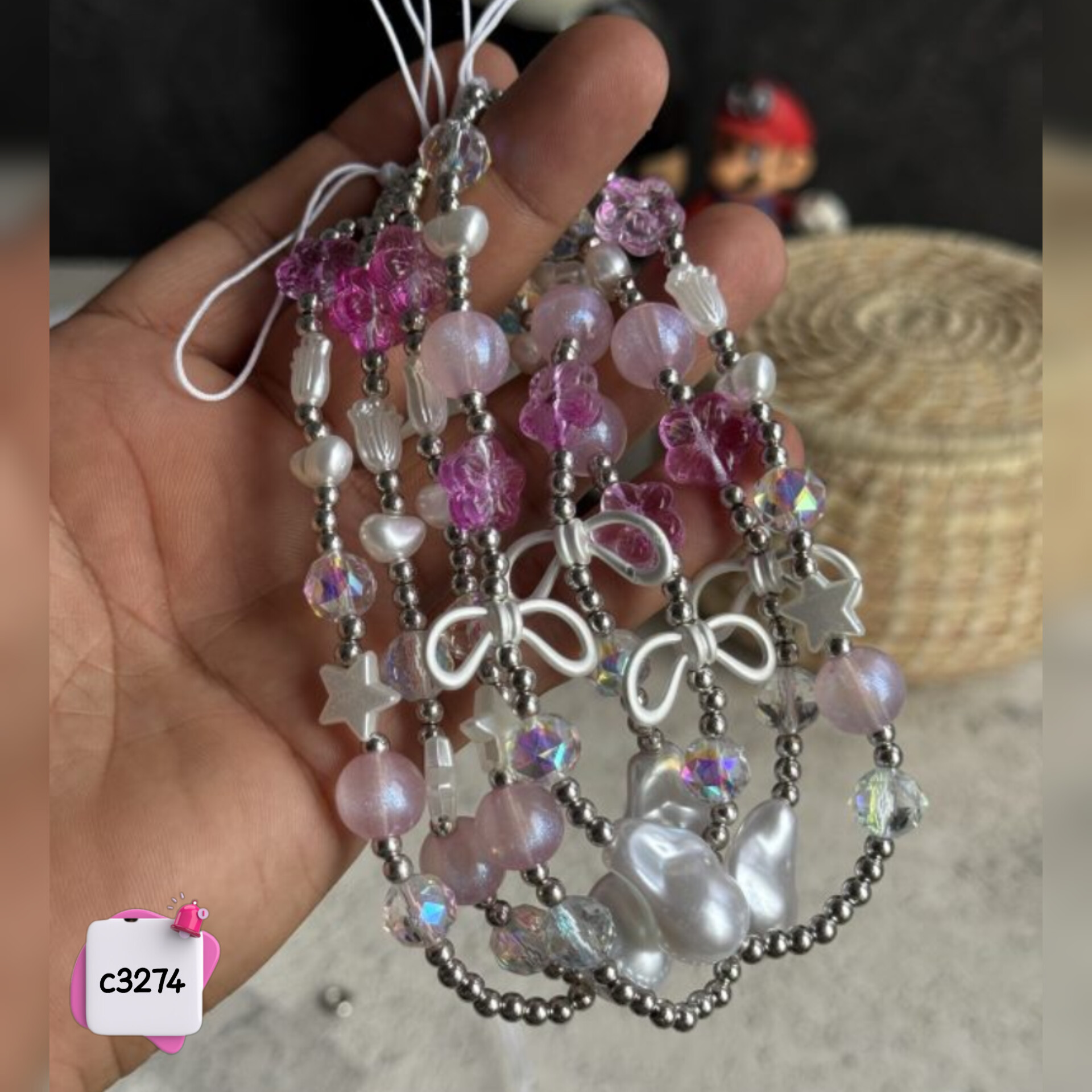 آویز گوشی گل رز صورتی و پاپیون c3276