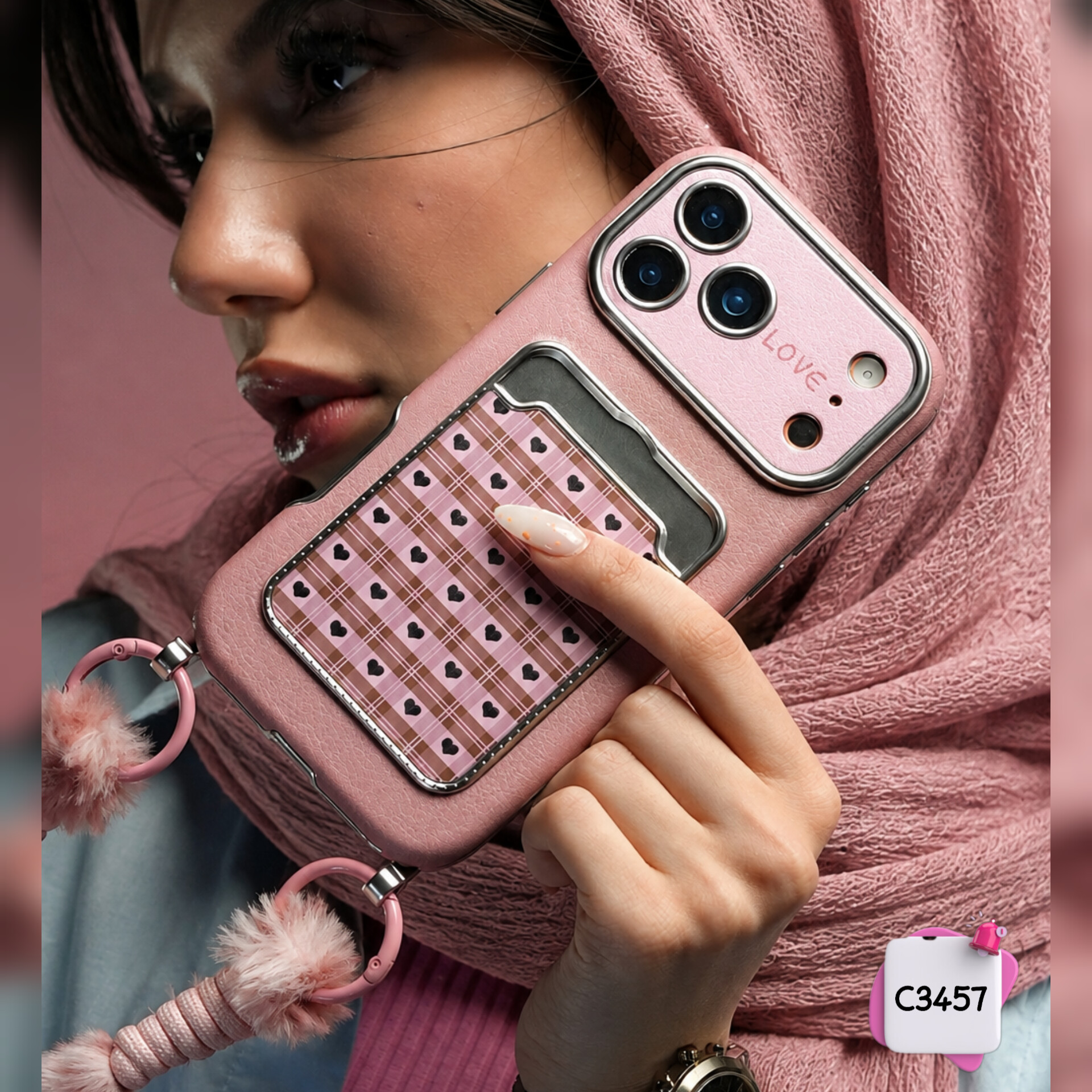 قاب گوشی قلب آیینه ای صورتی + بند پشمی کد c3457 / ایفون