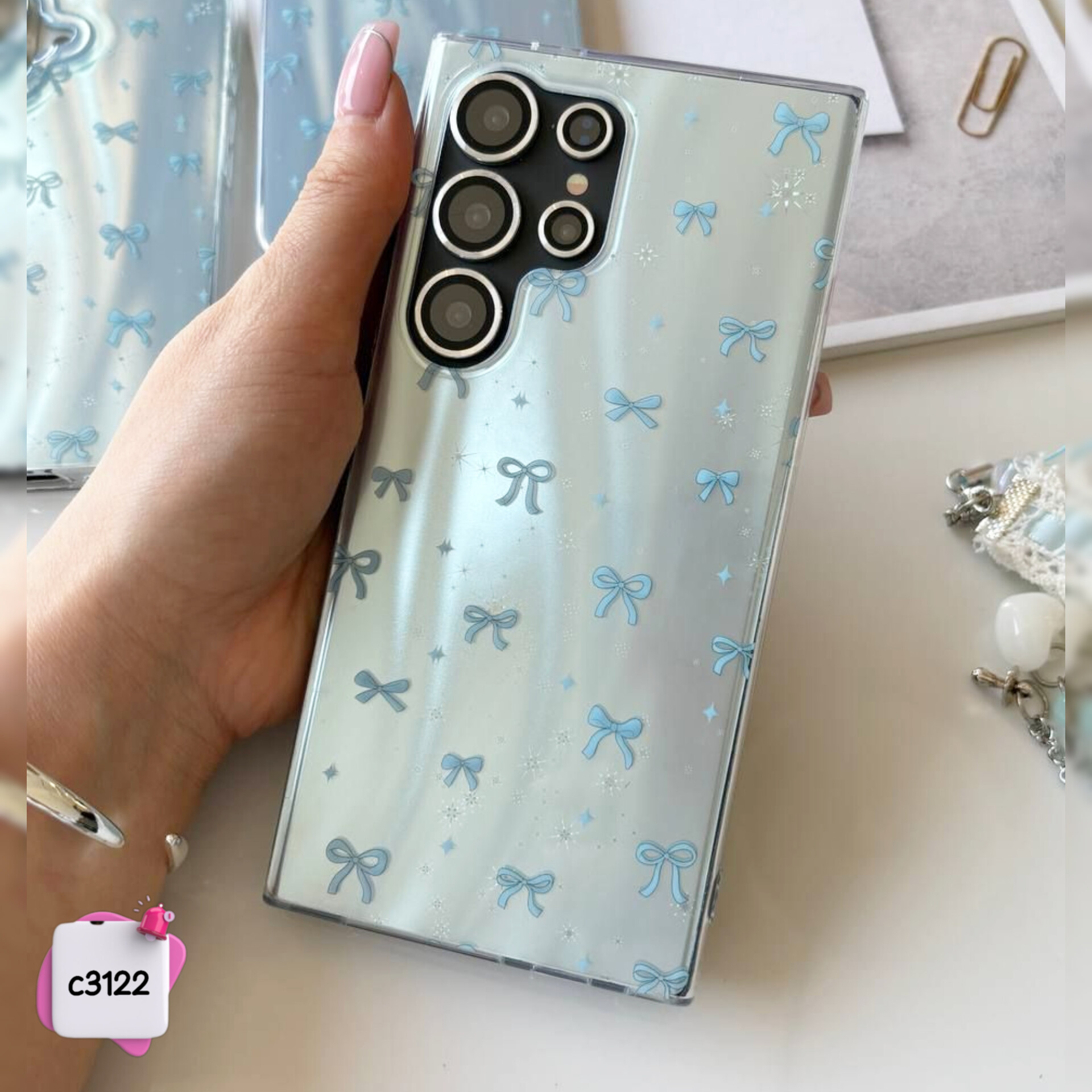 قاب گوشی پاپیون یخی آبی Blue Ribbon (بدون آویز) کد C3122 / سامسونگ شیائومی