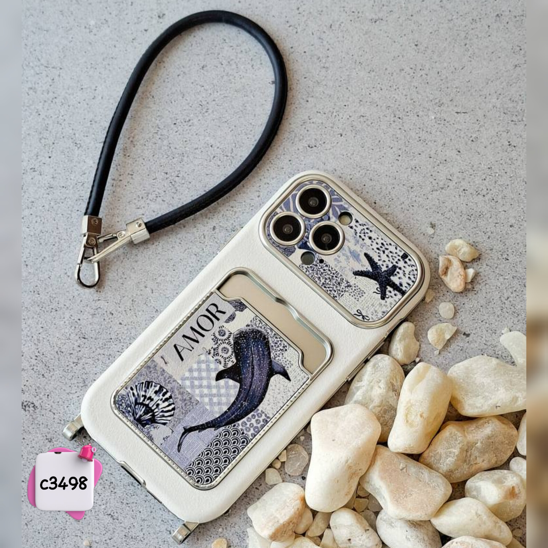 قاب گوشی نهنگ Amore جاکارتی دار + بند c3498 / ایفون