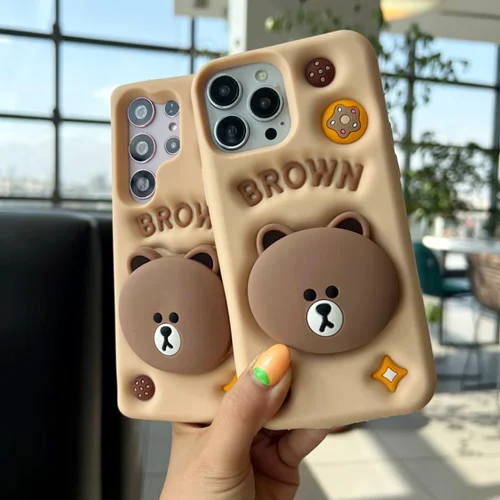 قاب گوشی خرسی سیلیکونی استندشو brown /آیفون سامسونگ