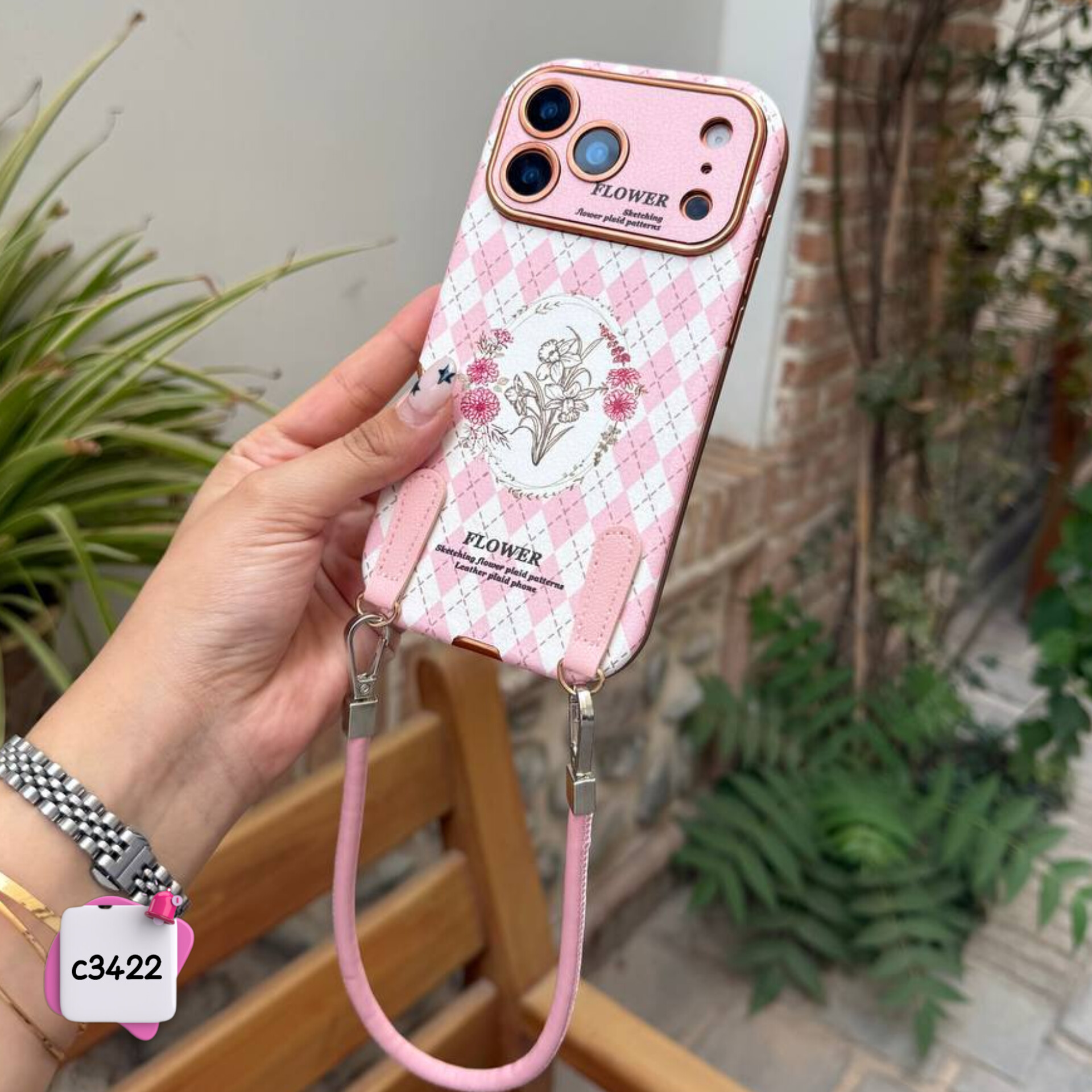 قاب گوشی کانسپت رز صورتی + 2بند کوتاه و بلند کد c3422 / ایفون