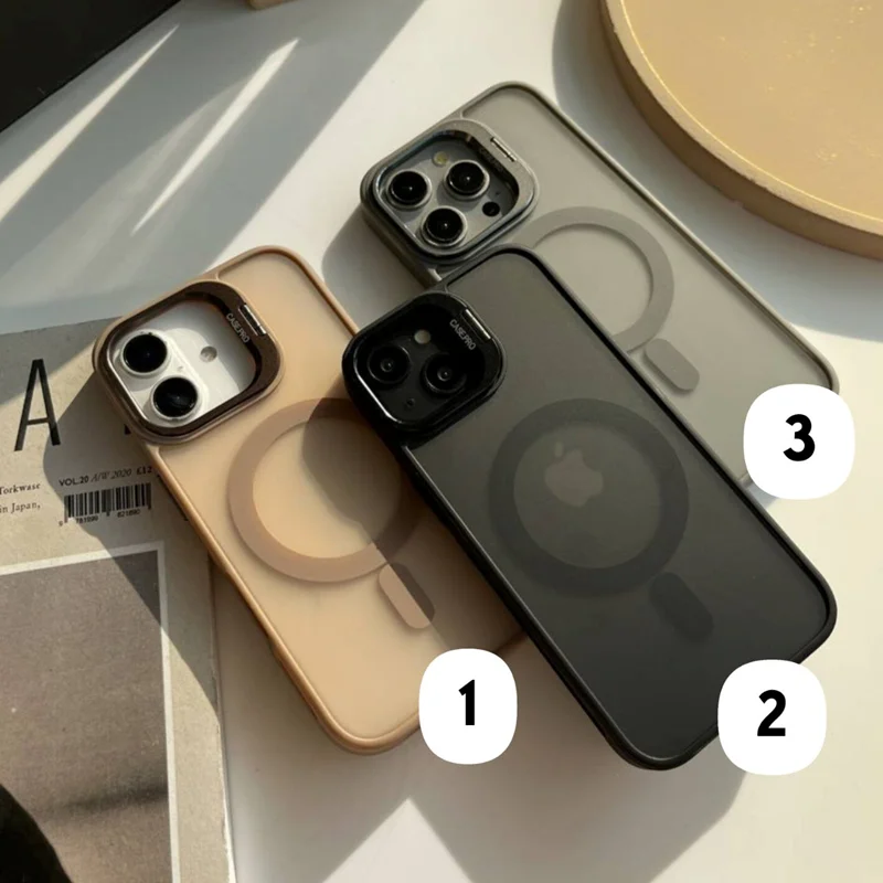 قاب مگ سیف مات استندشو + محافظ لنز رینگی ست /آیفون