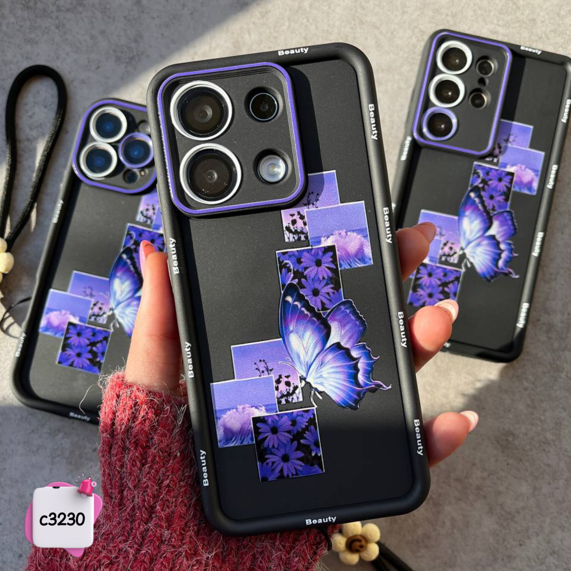 قاب گوشی سولید پروانه بنفش + آویز c3230 / ایفون سامسونگ شیائومی