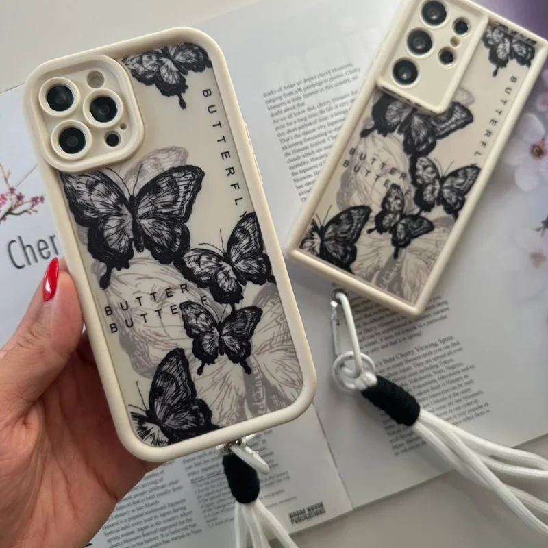 قاب گوشی سولید پروانه سفید + بند /آیفون سامسونگ شیائومی