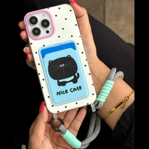 قاب گوشی آیفون گربه Nice Cat جاکارتی دار + بند